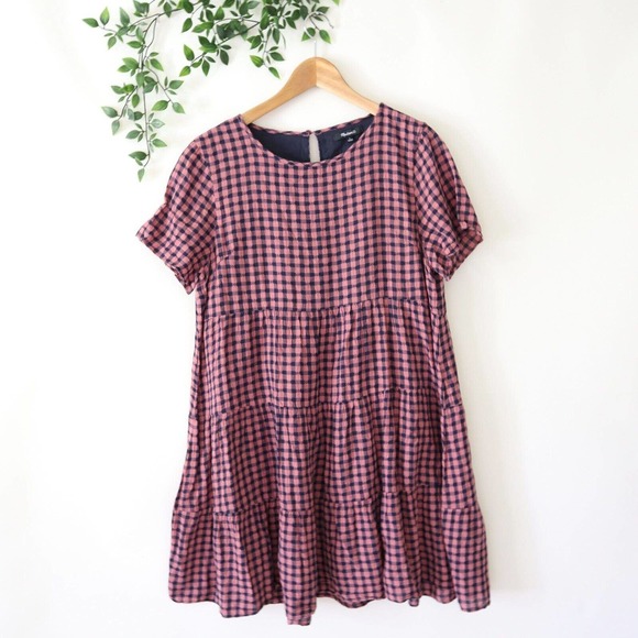 Madewell Dresses & Skirts - Madewell Short-Sleeve Tiered Mini Dress in Gingham Check Purple Blue Size Large